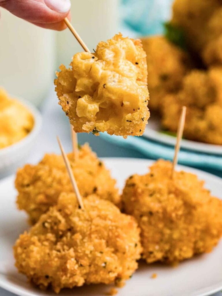 Mac and cheese bites in a bowl.