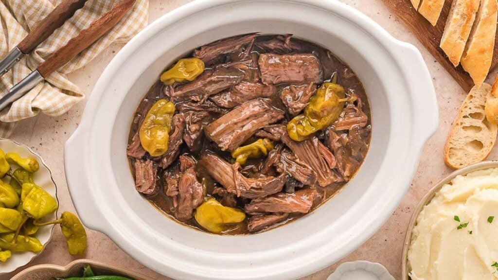Mississippi pot roast in a crockpot.