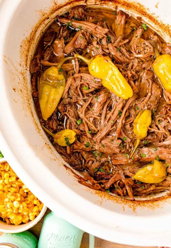 Mississippi pot roast in a crockpot.