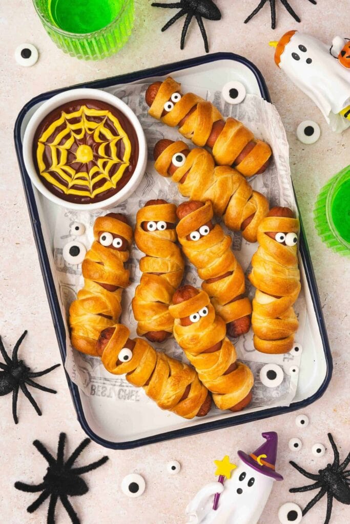 mummy hot dogs on tray
