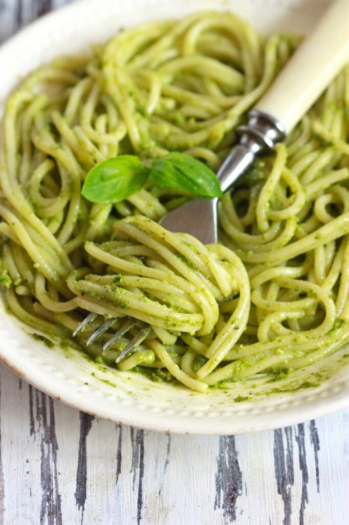 Pesto pasta in a bowl.