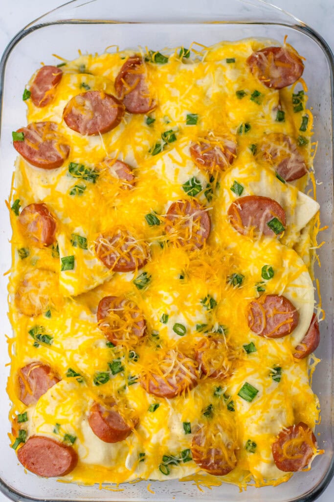 Pierogi casserole in a baking dish.