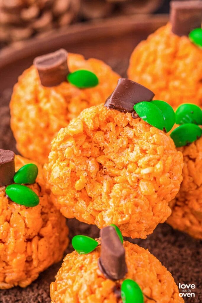 Close-up of rice krispie pumpkin treats.