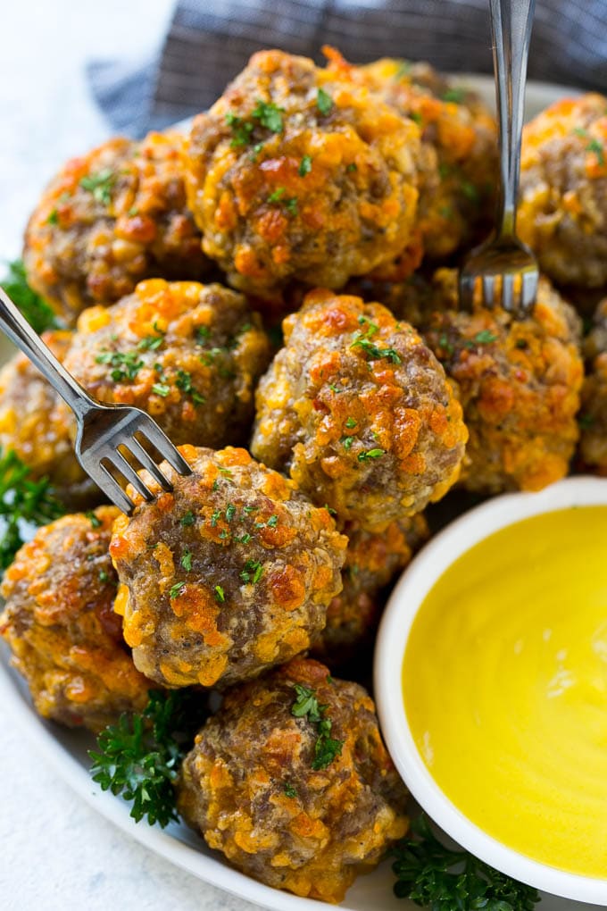 Sausage cheese balls in a bowl.