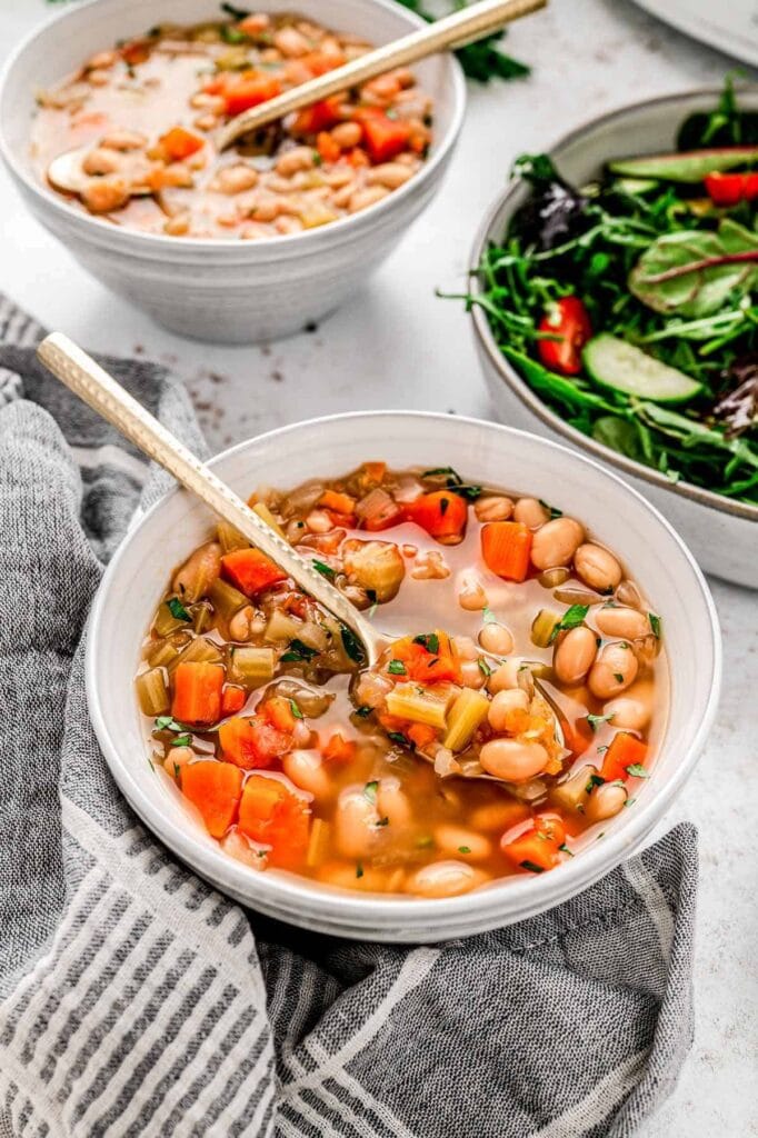 Slow cooker bean soup served in a bowl.