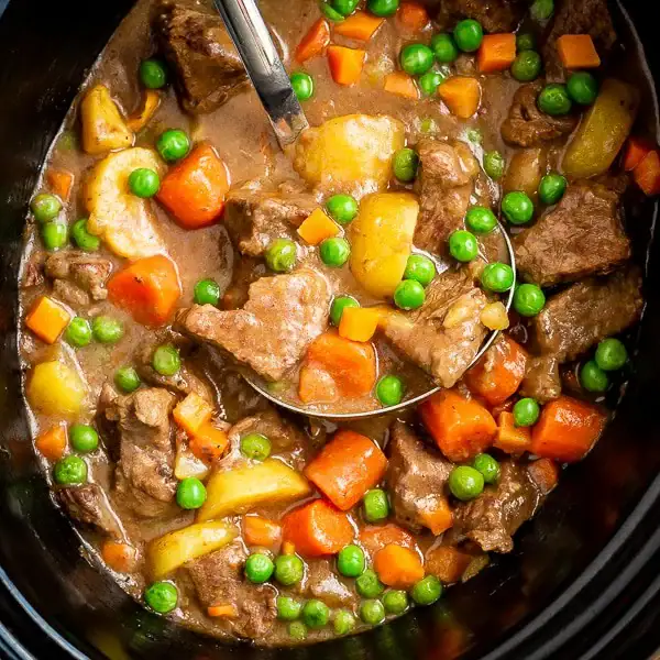 Beef stew in a slow cooker.