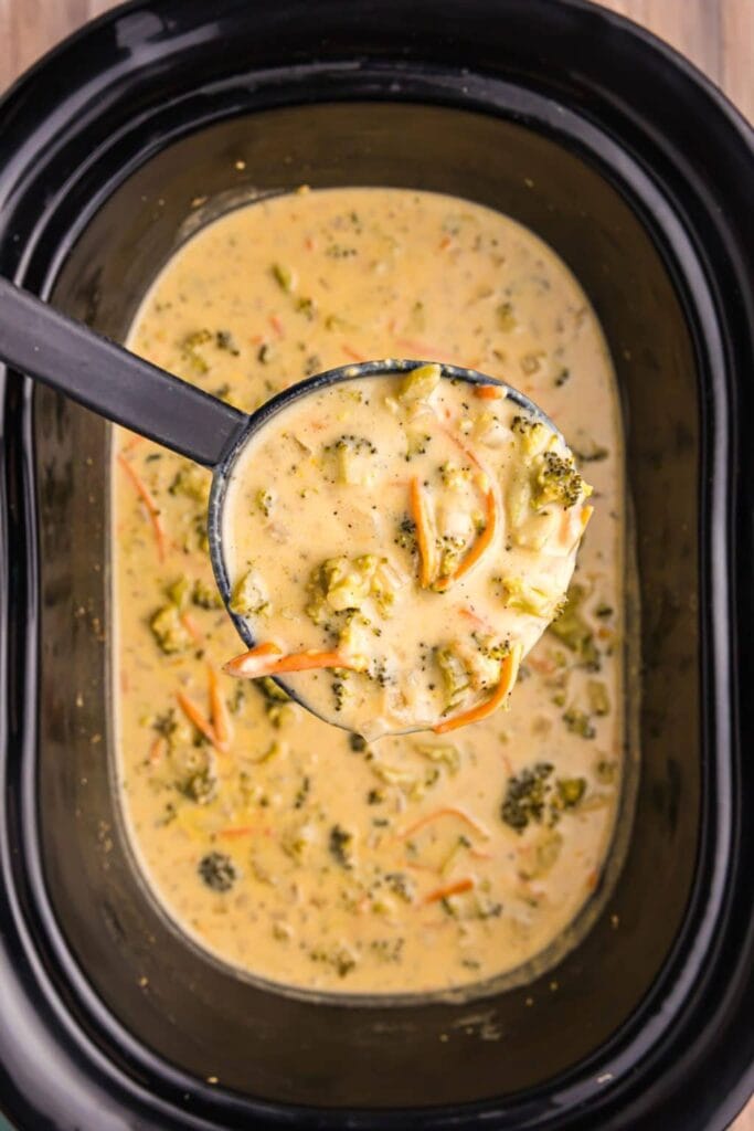 Broccoli cheddar soup in a slow cooker.