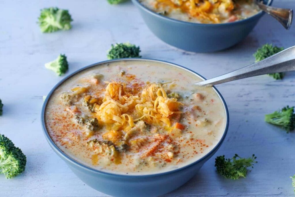 Slow cooker broccoli cheese soup served in a bowl.