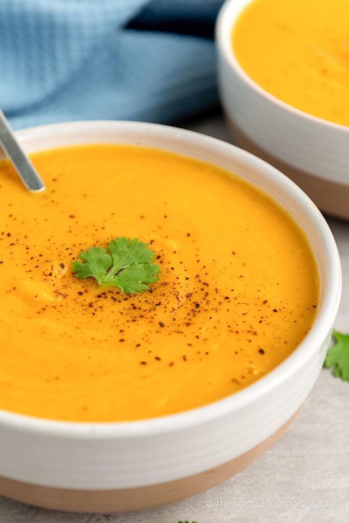 Slow cooker butternut squash soup served in a bowl.