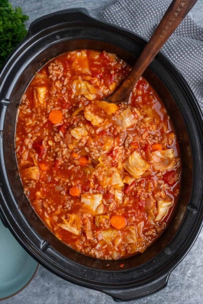 Cabbage roll soup in a slow cooker.