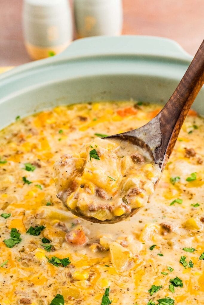 Cheeseburger soup in a slow cooker.