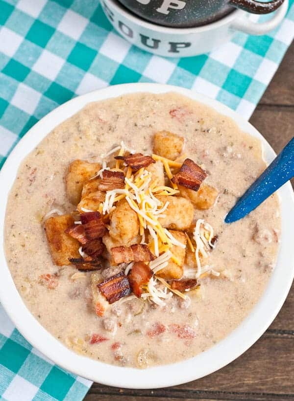 Slow cooker cheeseburger soup in a bowl.