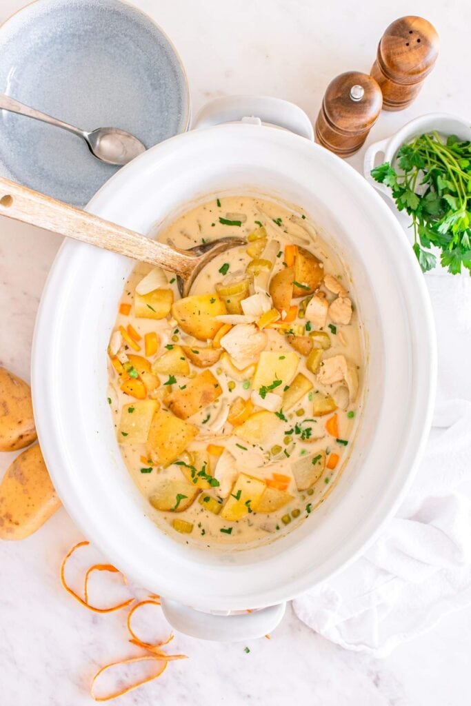 Chicken stew in a slow cooker.