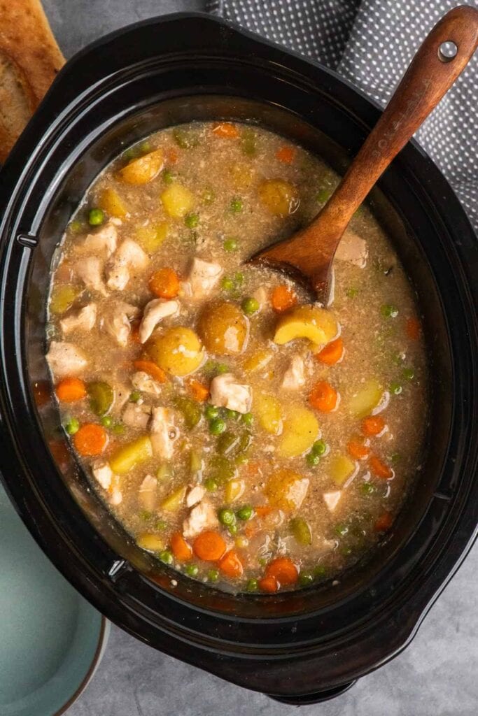 Chicken stew in a slow cooker.