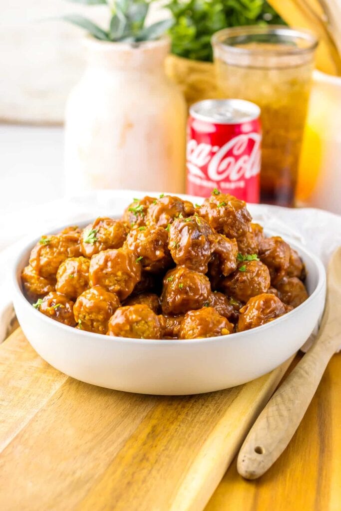 Slow cooker Coca-Cola meatballs served in a bowl.