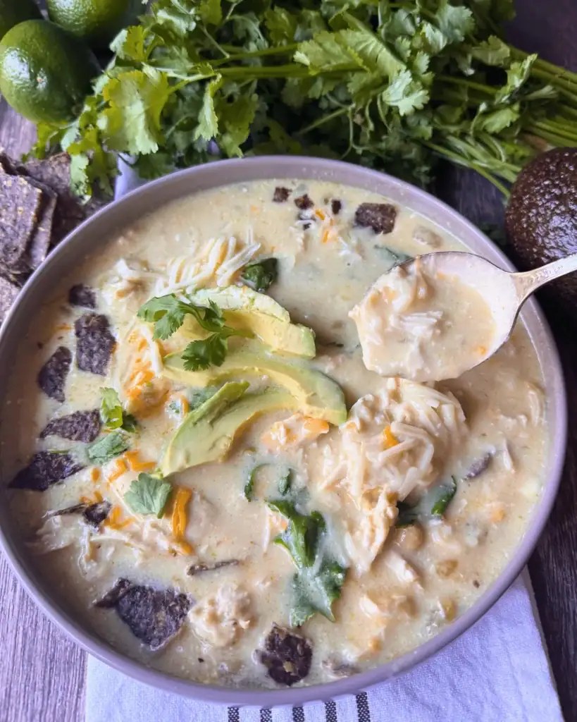 Slow cooker creamy green enchilada chicken soup served in a bowl.