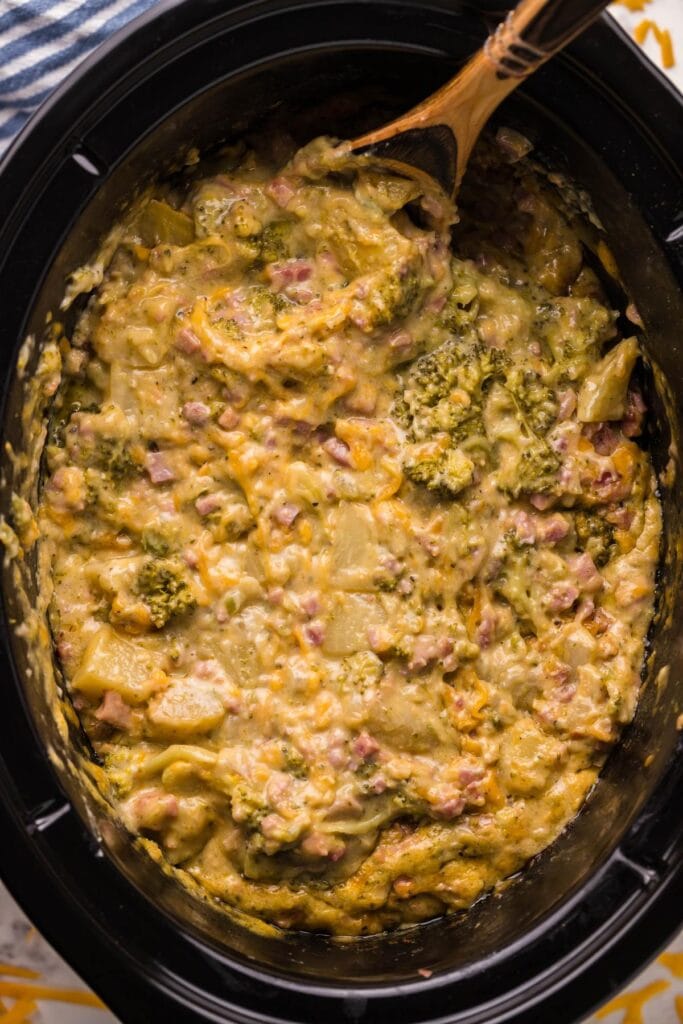 Ham broccoli cheddar soup in a slow cooker.
