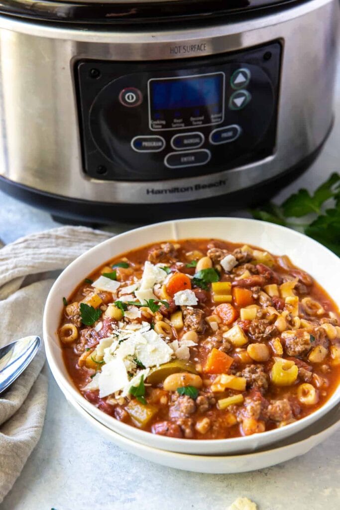 Slow cooker hamburger minestrone served in a bowl.