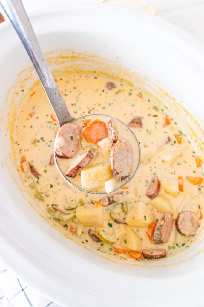 Kielbasa potato soup in a slow cooker.