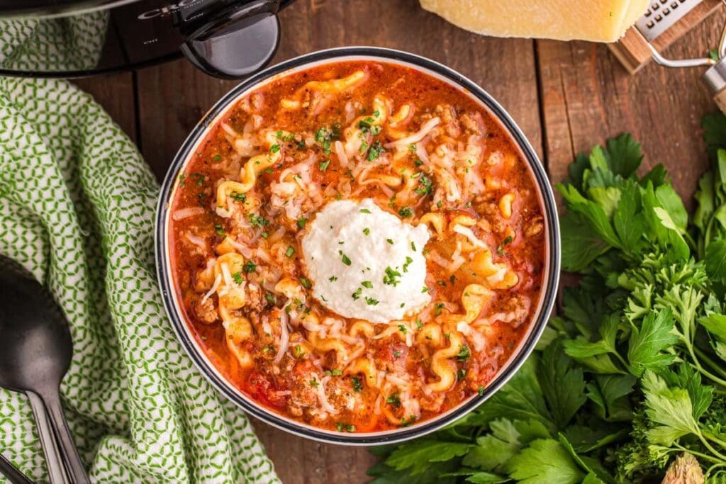 Slow cooker lasagna soup in a bowl.
