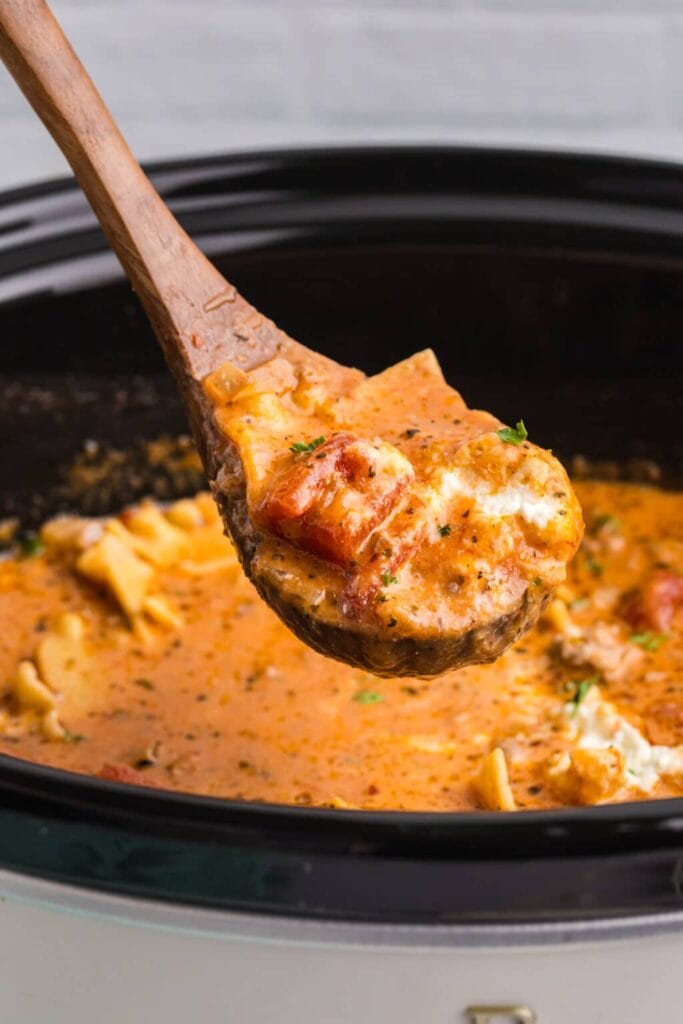 Lasagna soup in a slow cooker.