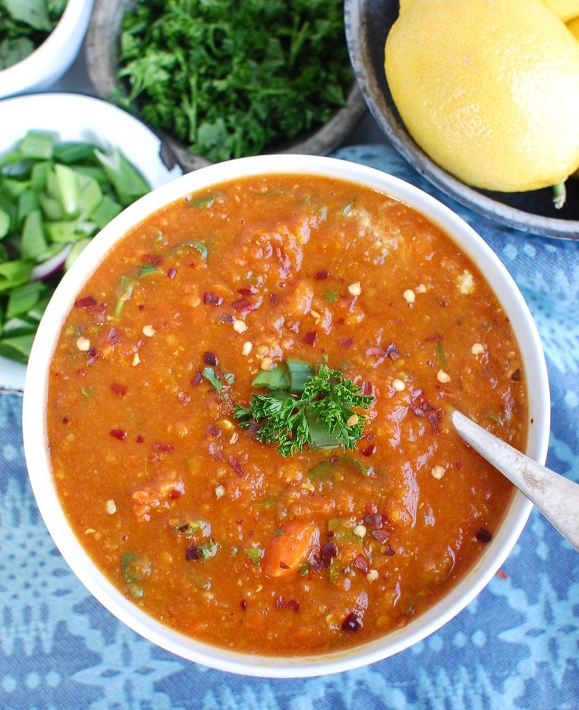 Slow cooker lentil soup served in a bowl.