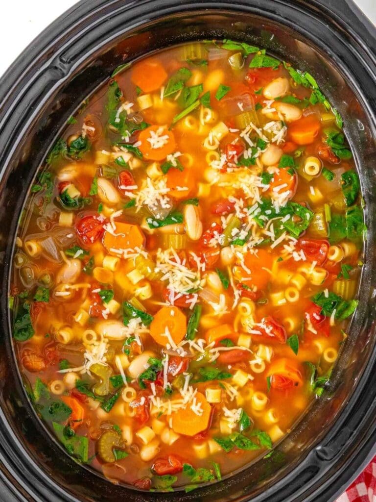 Minestrone soup in a slow cooker.