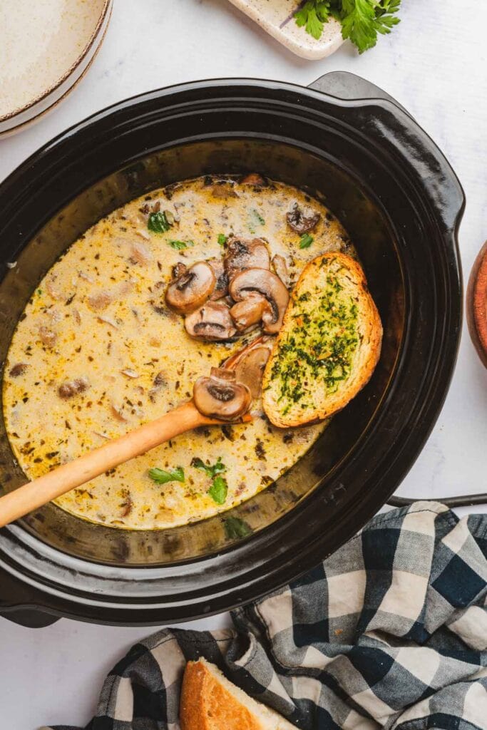 Mushroom soup in a slow cooker.