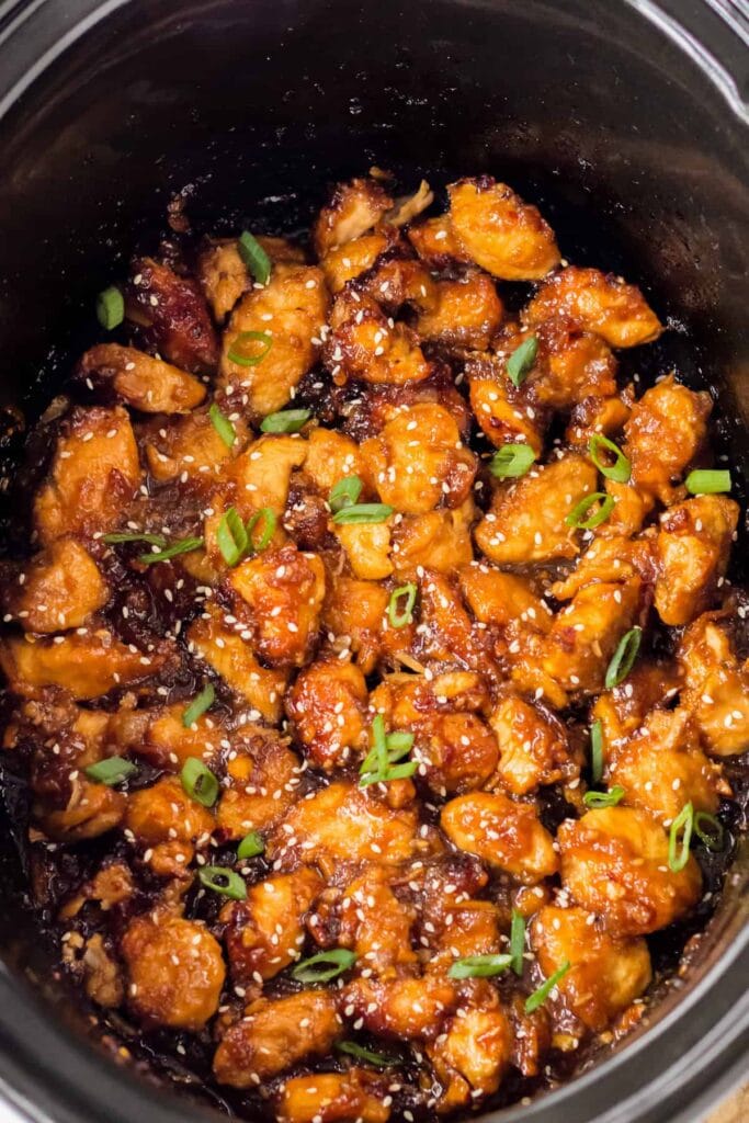 Orange chicken in a slow cooker.
