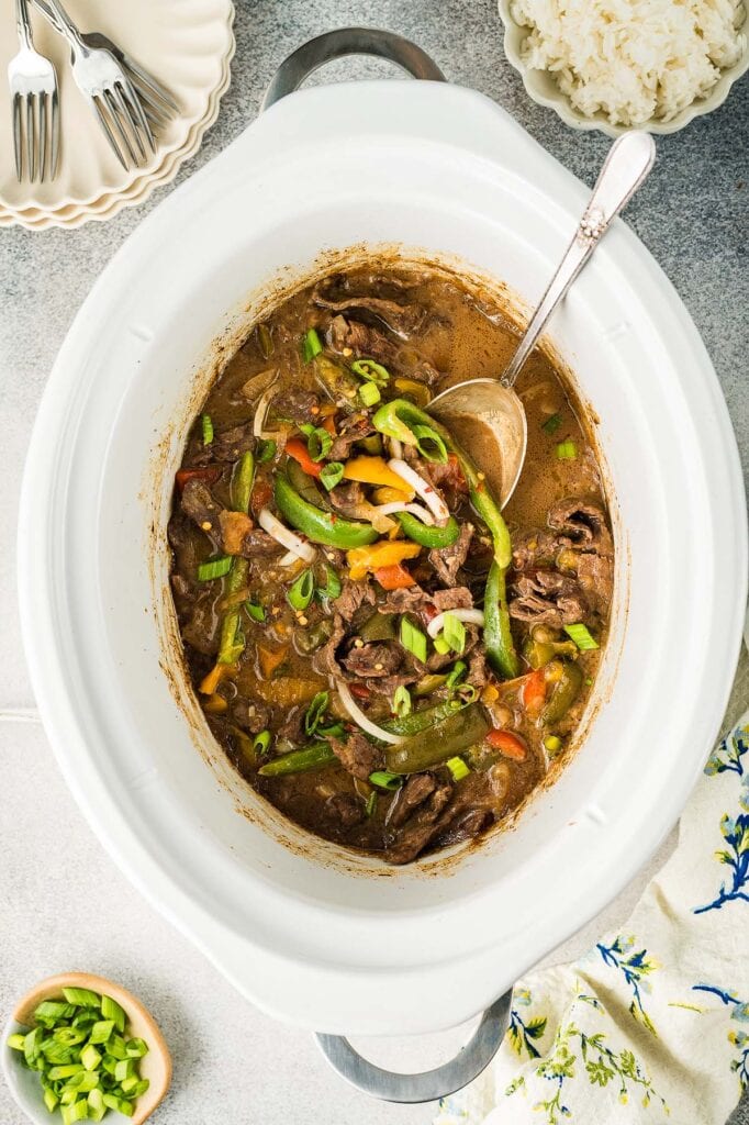 Pepper steak in a crockpot.