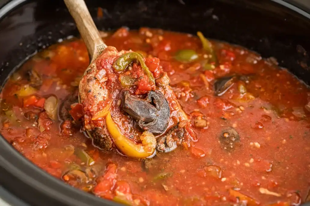Slow cooker pork chop cacciatore with peppers and mushrooms.