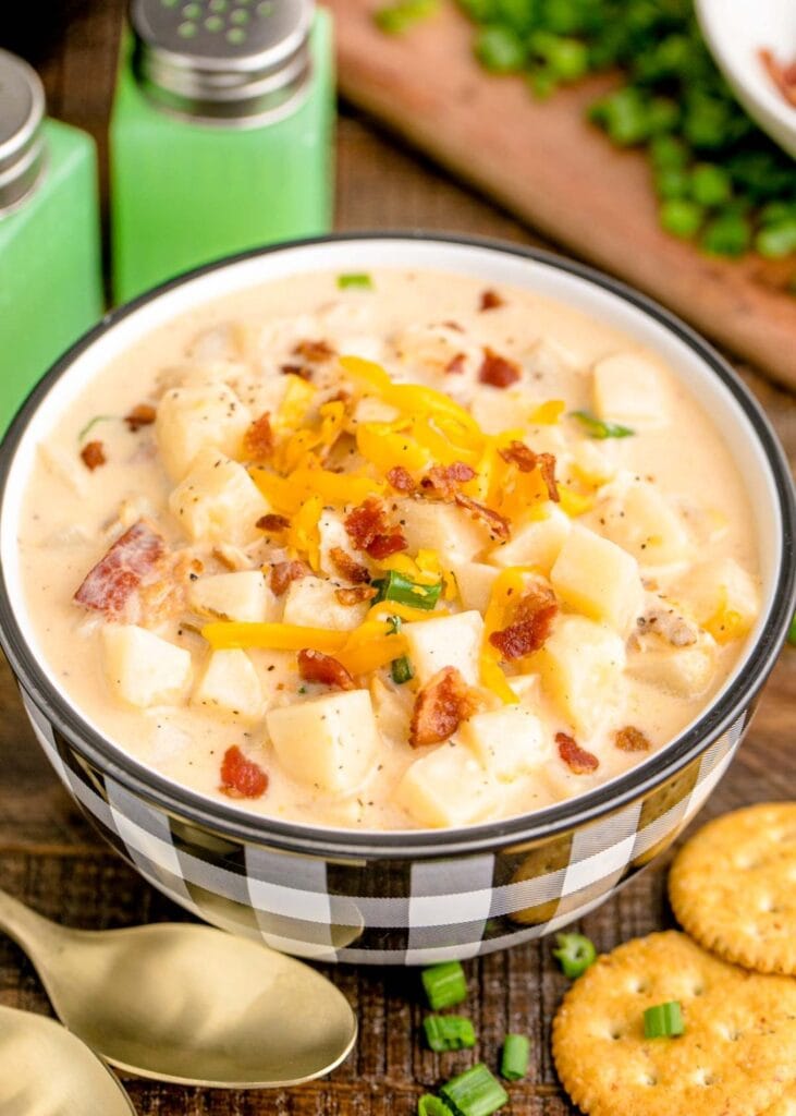 Slow cooker potato soup in a bowl.
