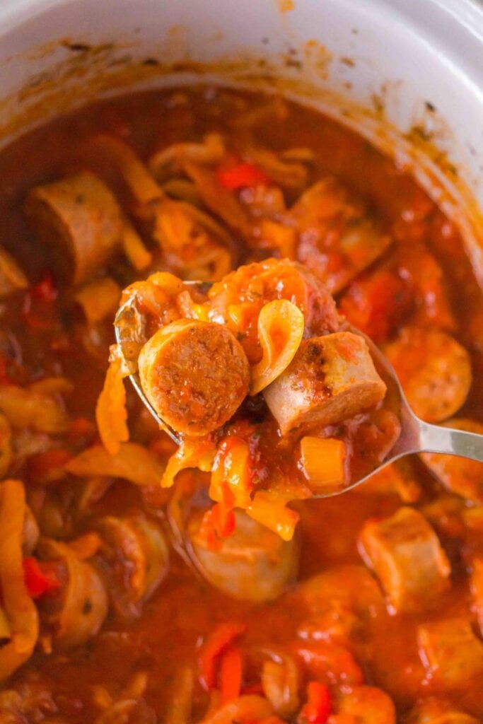 Sausage and peppers in a slow cooker.