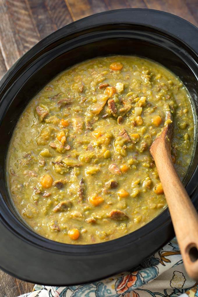 Split pea soup in a slow cooker.