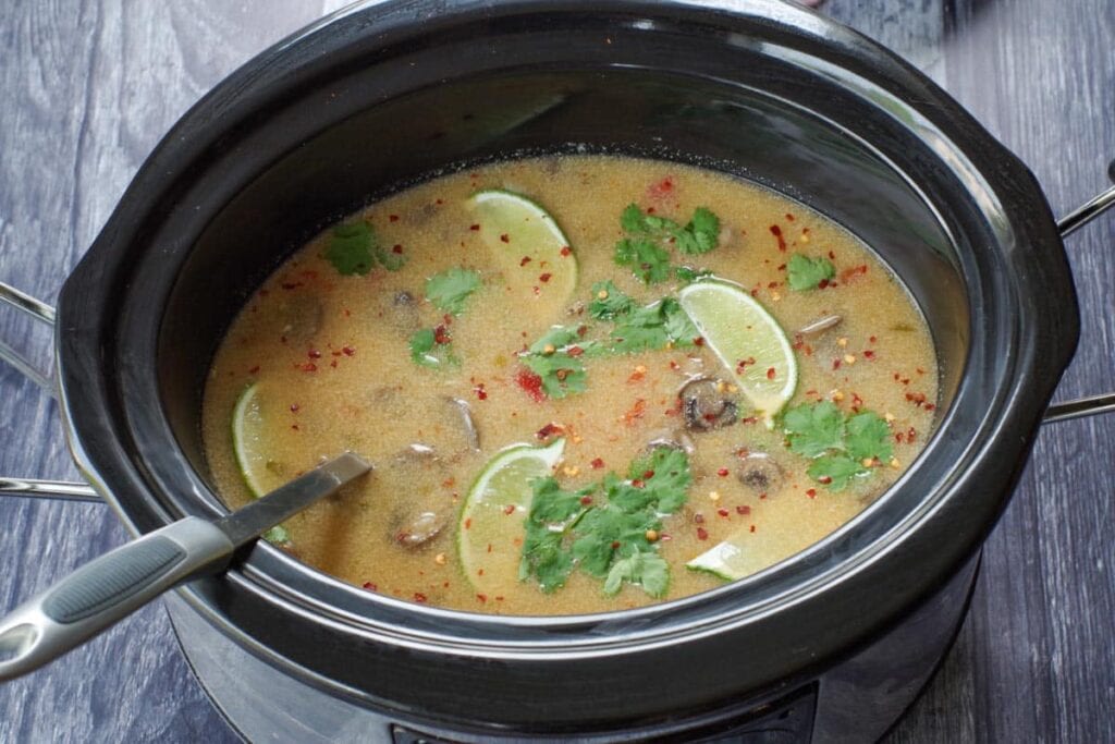 Thai coconut chicken soup in a slow cooker.
