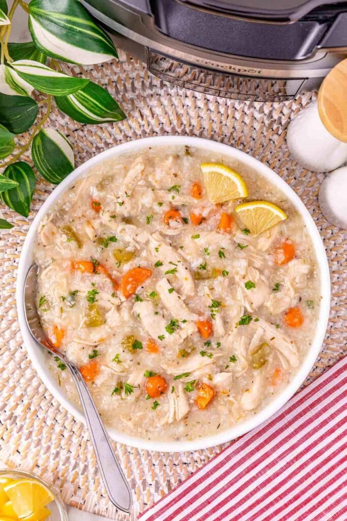 Slow cooker turkey and rice soup served in a bowl.
