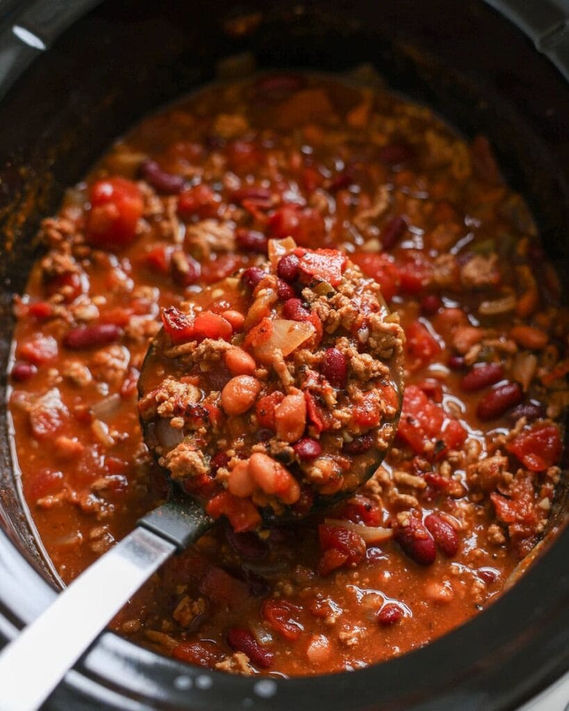 Turkey chili in a slow cooker.