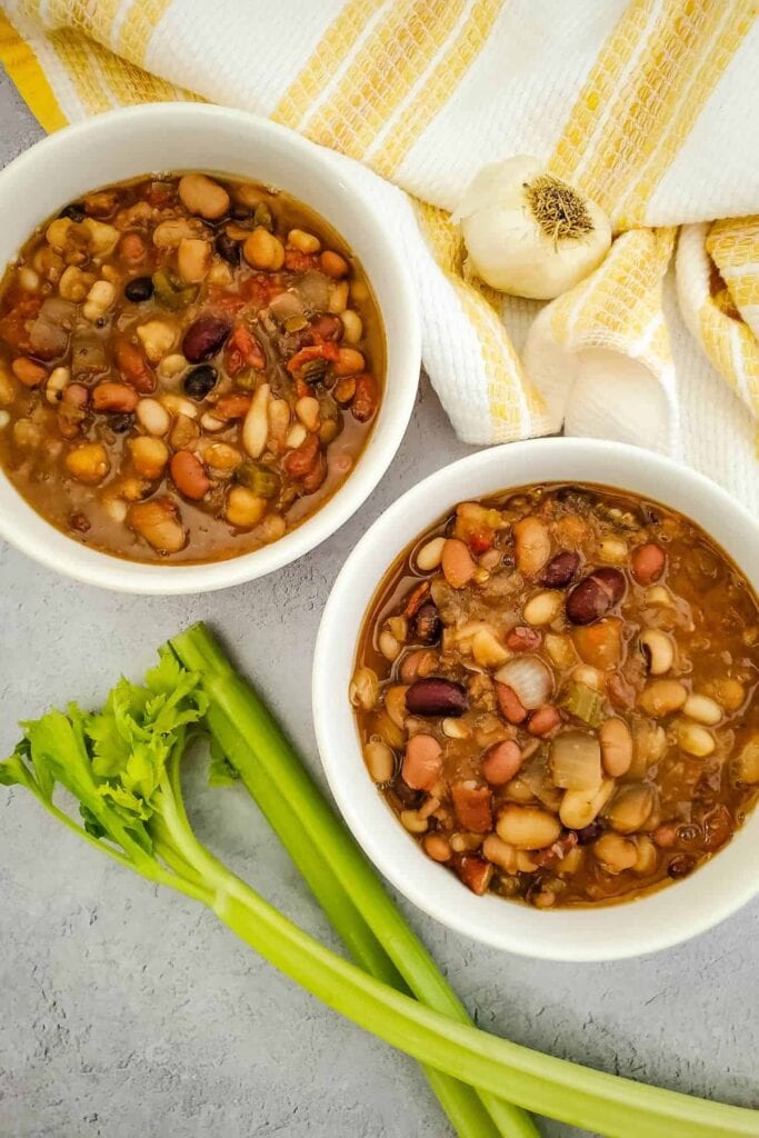 Slow cooker vegan bean soup served in a bowl.