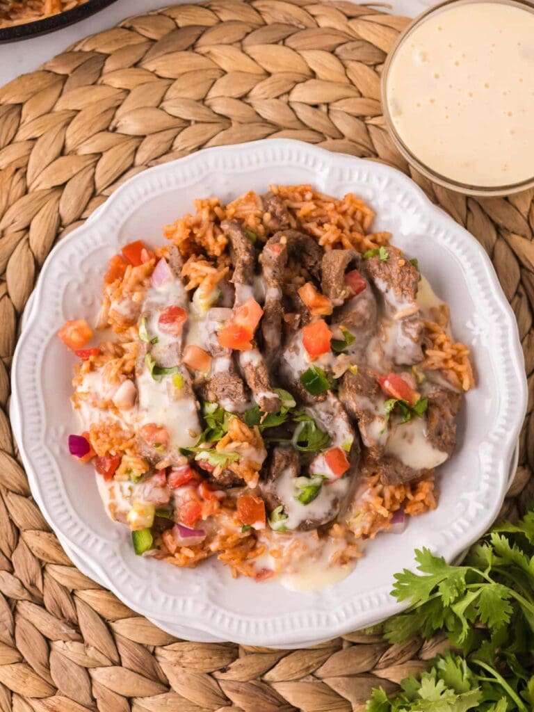 Steak and rice on a plate.