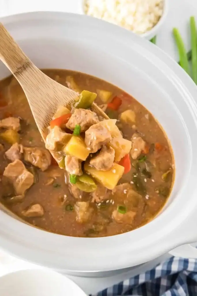 Sweet and sour pork in a crockpot.