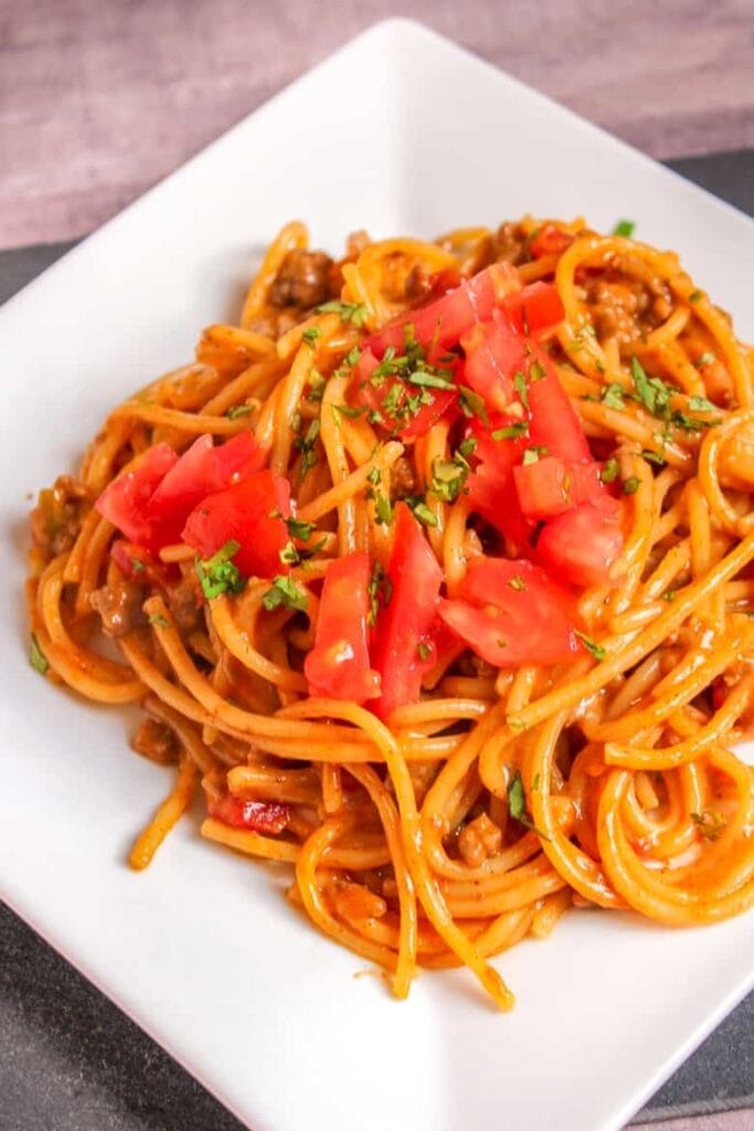 Taco spaghetti on a plate.