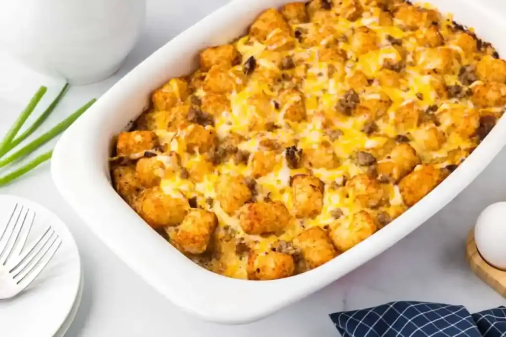 Tater tot sausage breakfast casserole in a baking dish.