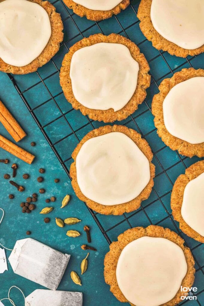 Taylor Swift chai cookies on a cooling rack.