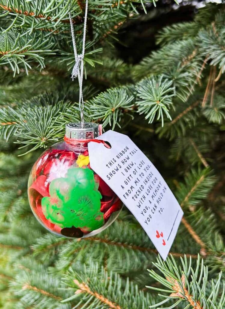 Clear ornament with red ribbon and green decoration, hanging on Christmas tree branch, with attached white tag displaying sentimental holiday message.