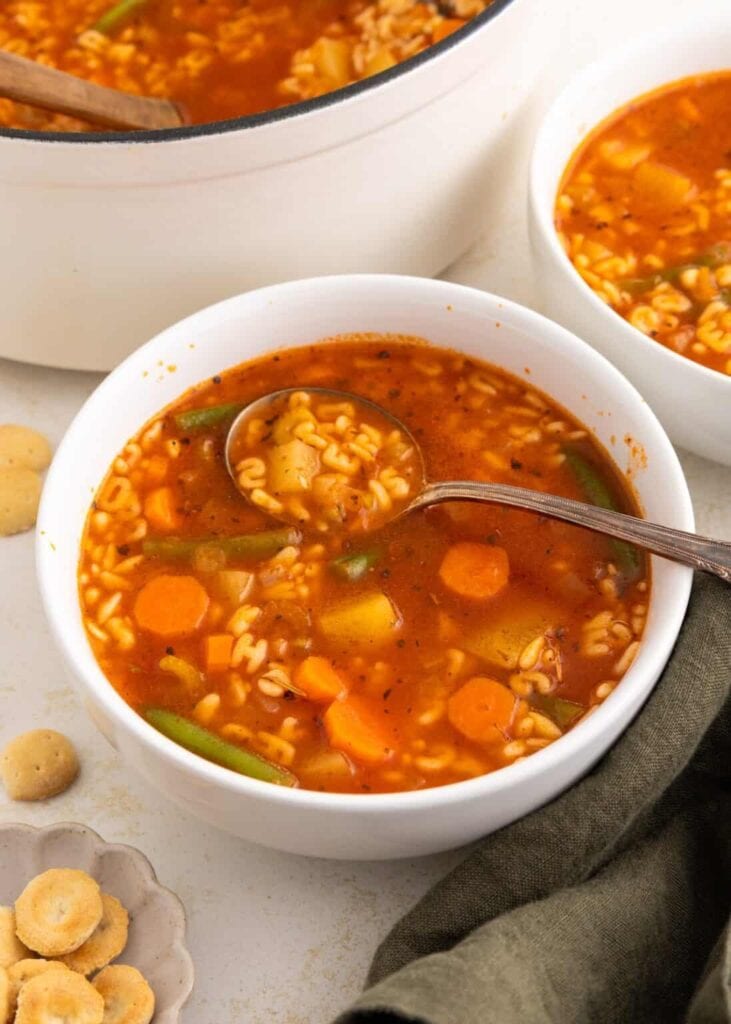 Alphabet soup in a bowl.
