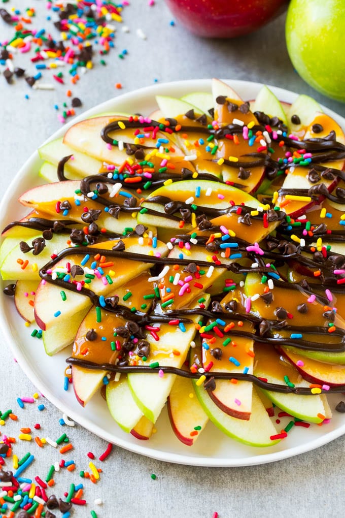 Apple nachos on a plate.