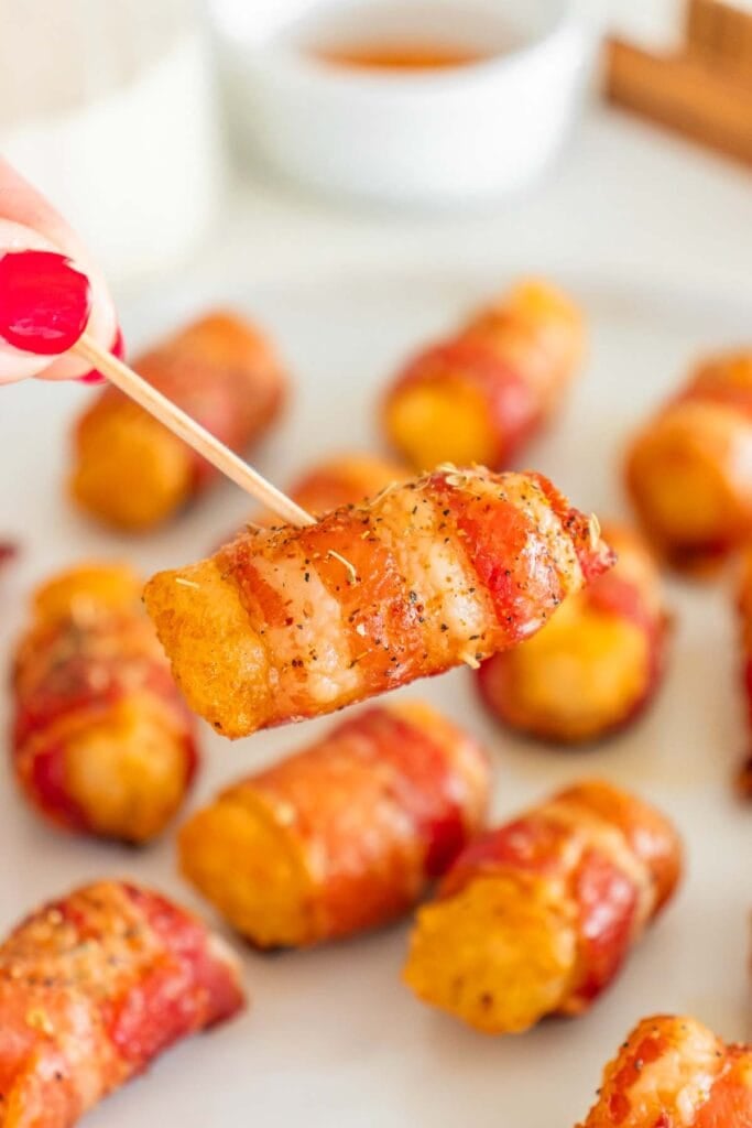 Bacon-wrapped tater tots on a toothpick.