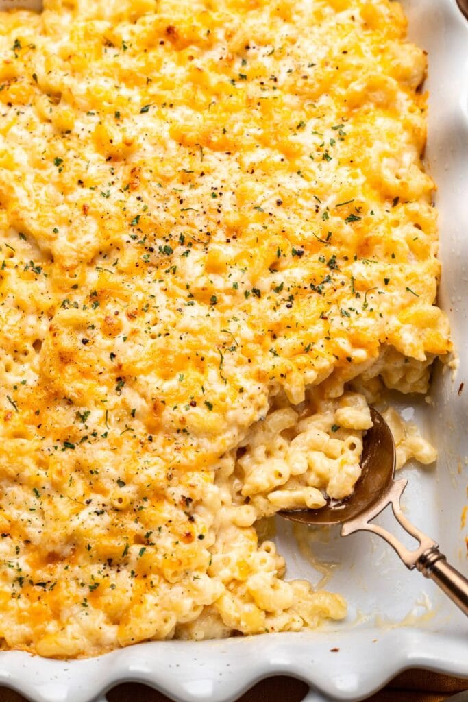 Baked macaroni and cheese in a baking dish.