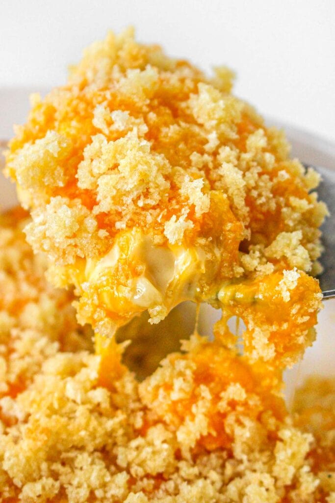 Close-up of baked Velveeta mac and cheese on a spoon.