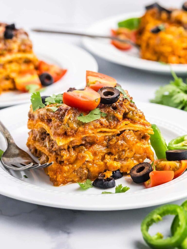 Beef enchilada casserole on a plate.